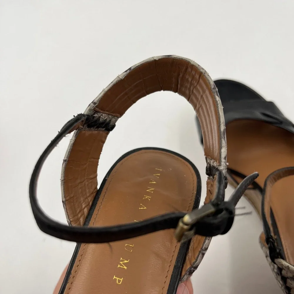 Ivanka‎ Trump Black Leather Snake Print Ankle Strap Wedge Sandals - Size 8M